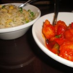 Sweet & sour prawns and egg fried rice