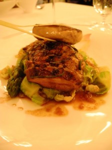 French duckling (canette) breast with foie gras, brussels sprouts and tamarind sauce