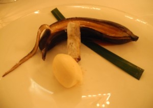 Baked banana with a warm chocolate spring roll and honey ice cream