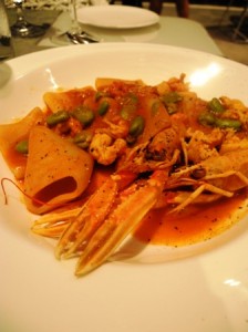 Paccheri pasta with fava beans and langostine