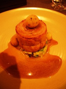 Pork belly, sage dumpling, sprouts, pancetta