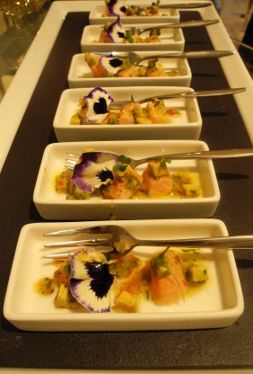 Lafayette Gourmet's canapes - salmon ceviche with avocado and edible pansy