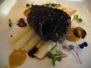 Main - Wagyu beef fillet, white asparagus, sauce chorine and candied garlic