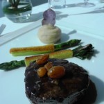 Braised Wagyu Beef Tenderloin, Pepperberry Mustard Mash, Pistachio Crusted Asparagus, Thyme & Raisin Jus