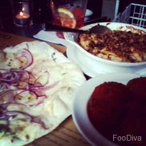 Polpo - pizzette bianca, cauliflower & fontina gratin, chickpea, spinach & ricotta meatballs