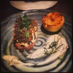 Sea bass topped with walnut and herb crumbs