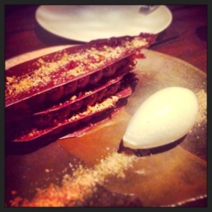 Mille feuille of dark chocolate with toasted sesame ice cream