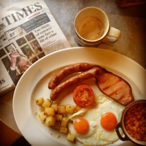 Full English breakfast complete with The Times at Gillray's