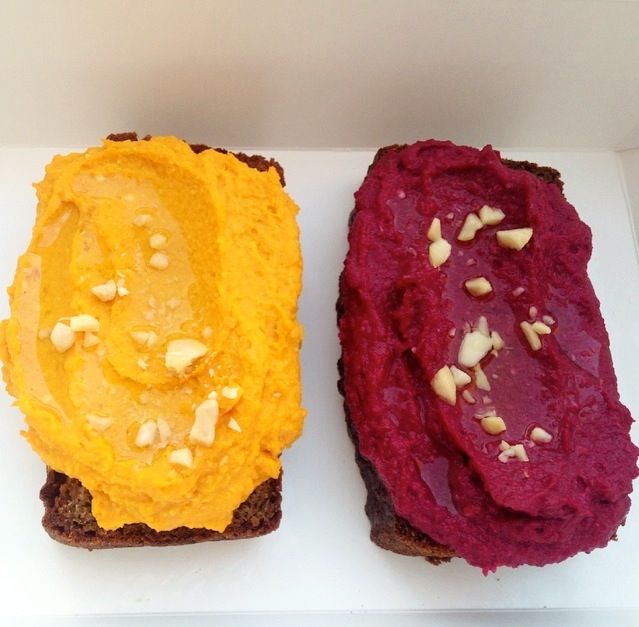 Carrot and Beetroot Hummuses on Paleo Zucchini Superfood Bread